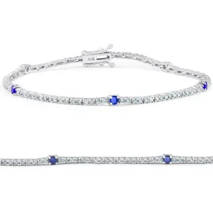 1 1/10 Ct Diamond & Genuine Blue Sapphire Tennis Bracelet 14k White Gold 7"