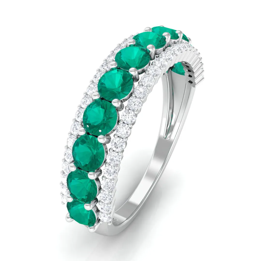 1 CT Round Emerald Classic Half Eternity Band Ring with Diamond Accent