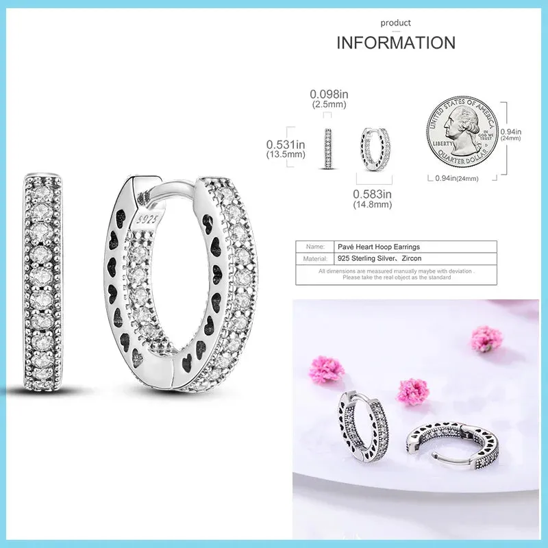 100% 925 Sterling Silver Rose Gold Heart Geometric Pave CZ Hoop Earrings For Women Wedding Engagement Birthday Jewelry Gift 2024