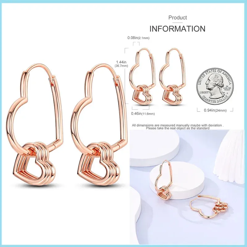 100% 925 Sterling Silver Rose Gold Heart Geometric Pave CZ Hoop Earrings For Women Wedding Engagement Birthday Jewelry Gift 2024