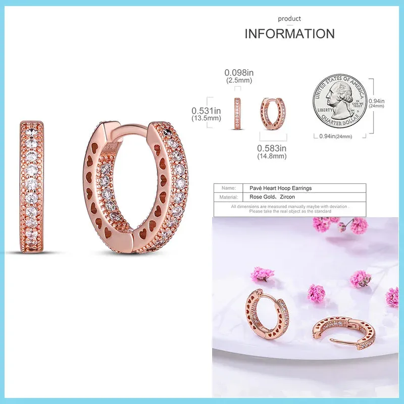 100% 925 Sterling Silver Rose Gold Heart Geometric Pave CZ Hoop Earrings For Women Wedding Engagement Birthday Jewelry Gift 2024