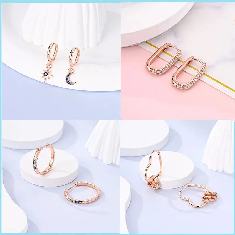 100% 925 Sterling Silver Rose Gold Heart Geometric Pave CZ Hoop Earrings For Women Wedding Engagement Birthday Jewelry Gift 2024