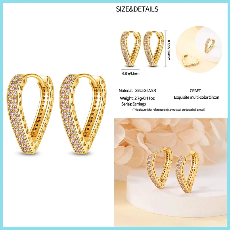 100% 925 Sterling Silver Rose Gold Heart Geometric Pave CZ Hoop Earrings For Women Wedding Engagement Birthday Jewelry Gift 2024