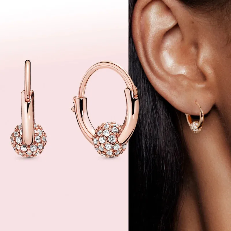 100% 925 Sterling Silver Rose Gold Heart Geometric Pave CZ Hoop Earrings For Women Wedding Engagement Birthday Jewelry Gift 2024