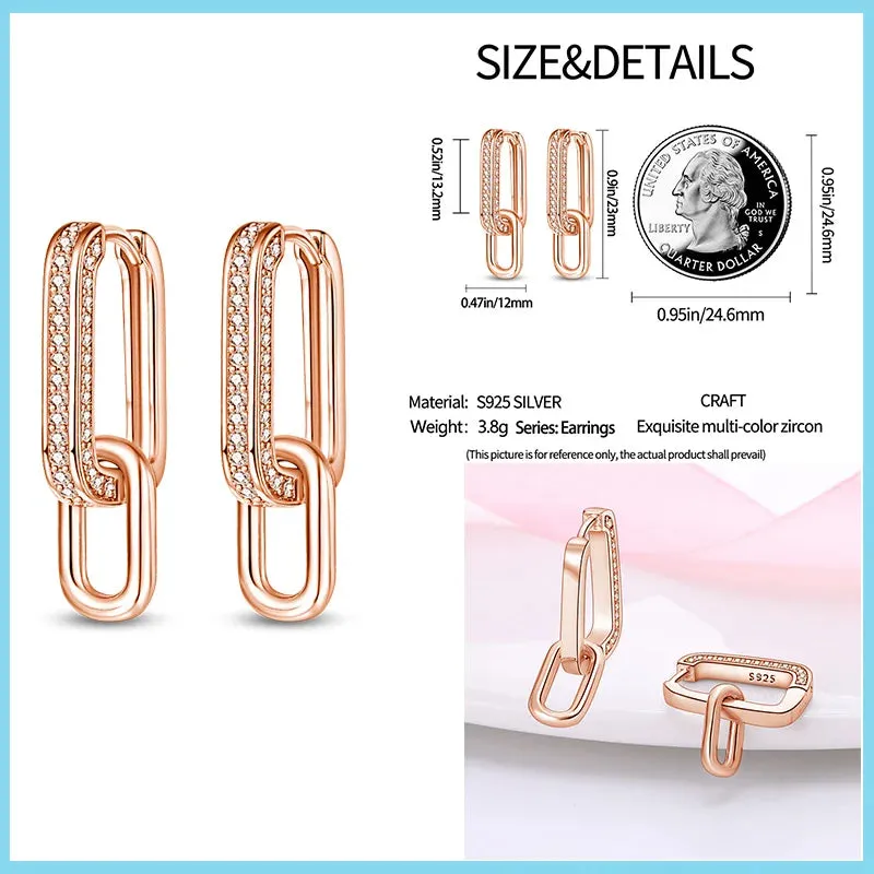 100% 925 Sterling Silver Rose Gold Heart Geometric Pave CZ Hoop Earrings For Women Wedding Engagement Birthday Jewelry Gift 2024