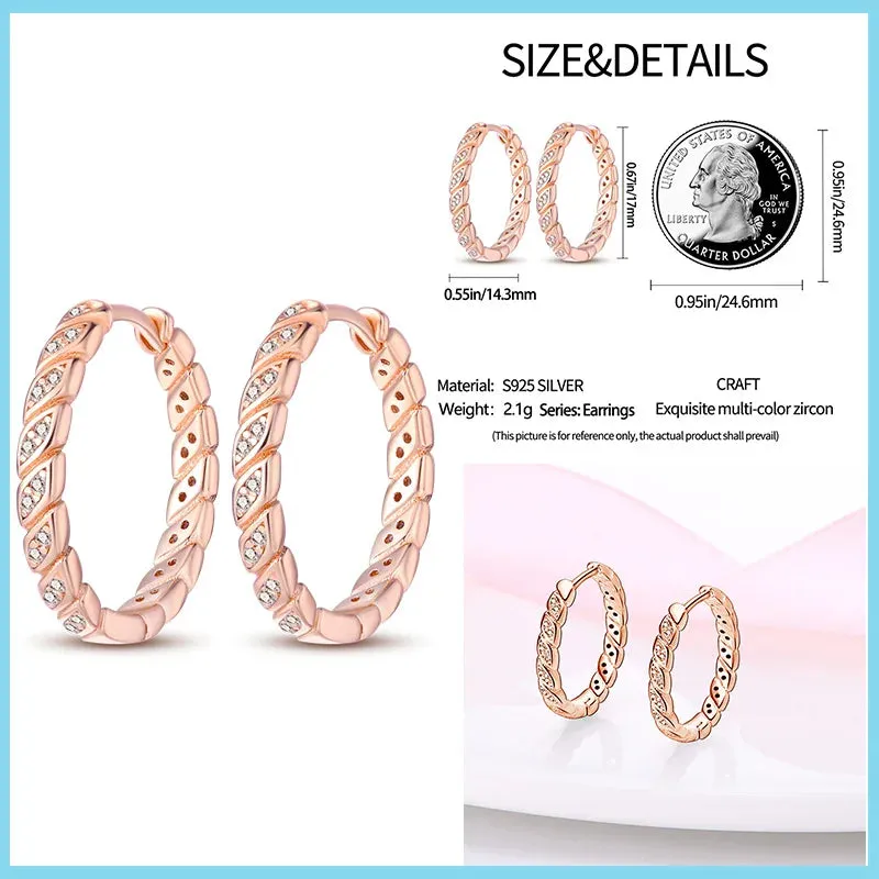 100% 925 Sterling Silver Rose Gold Heart Geometric Pave CZ Hoop Earrings For Women Wedding Engagement Birthday Jewelry Gift 2024