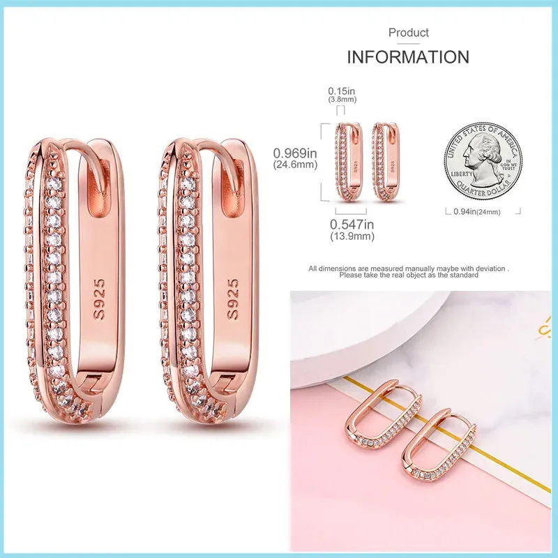 100% 925 Sterling Silver Rose Gold Heart Geometric Pave CZ Hoop Earrings For Women Wedding Engagement Birthday Jewelry Gift 2024