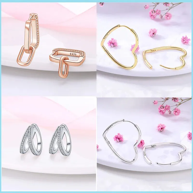 100% 925 Sterling Silver Rose Gold Heart Geometric Pave CZ Hoop Earrings For Women Wedding Engagement Birthday Jewelry Gift 2024