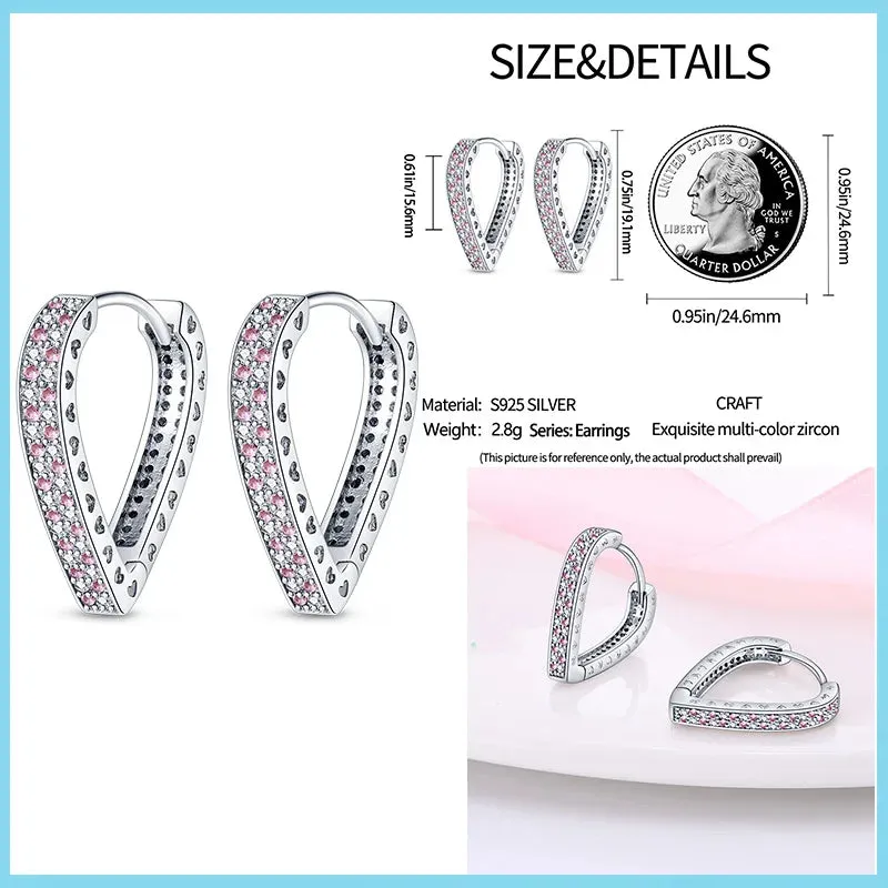 100% 925 Sterling Silver Rose Gold Heart Geometric Pave CZ Hoop Earrings For Women Wedding Engagement Birthday Jewelry Gift 2024