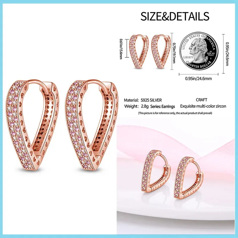 100% 925 Sterling Silver Rose Gold Heart Geometric Pave CZ Hoop Earrings For Women Wedding Engagement Birthday Jewelry Gift 2024