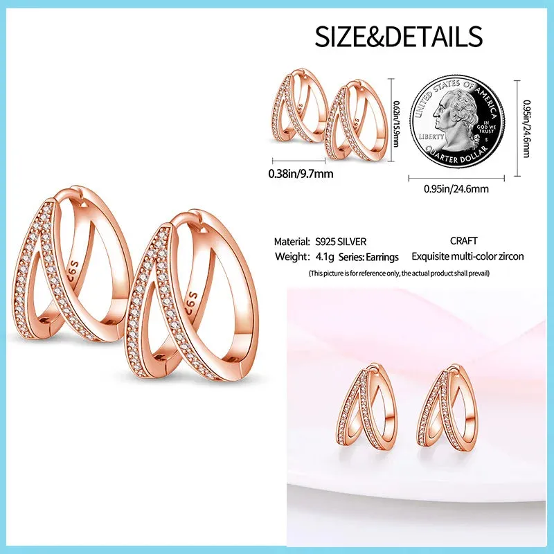 100% 925 Sterling Silver Rose Gold Heart Geometric Pave CZ Hoop Earrings For Women Wedding Engagement Birthday Jewelry Gift 2024