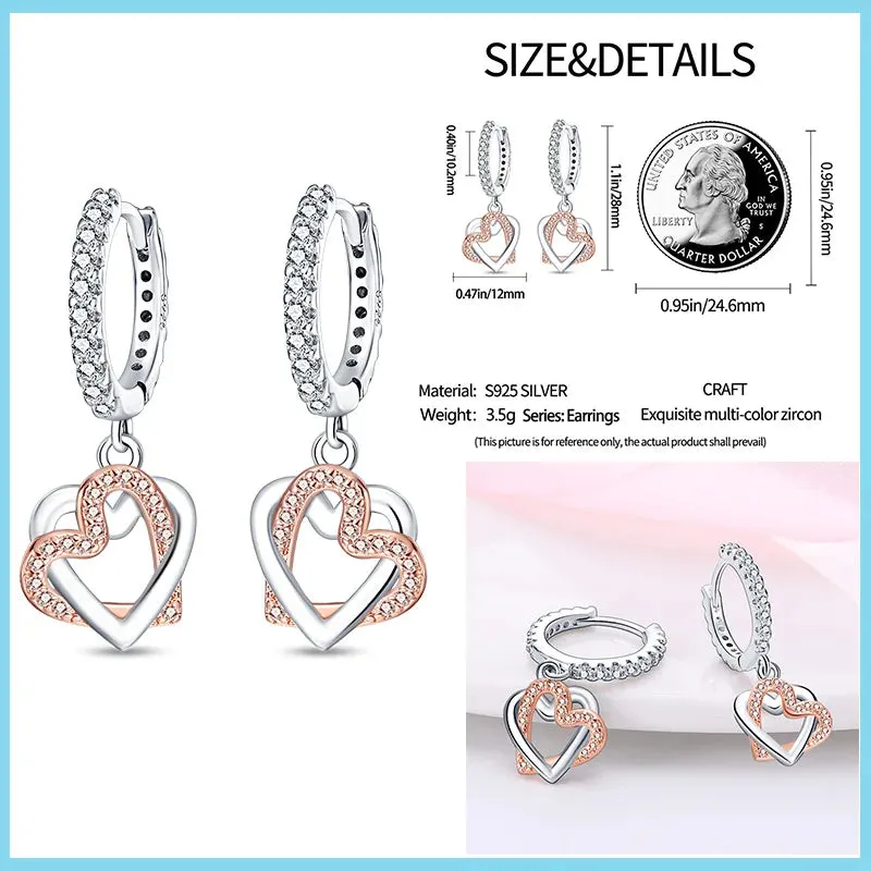 100% 925 Sterling Silver Rose Gold Heart Geometric Pave CZ Hoop Earrings For Women Wedding Engagement Birthday Jewelry Gift 2024