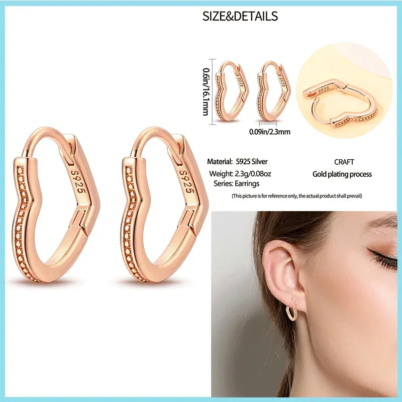 100% 925 Sterling Silver Rose Gold Heart Geometric Pave CZ Hoop Earrings For Women Wedding Engagement Birthday Jewelry Gift 2024