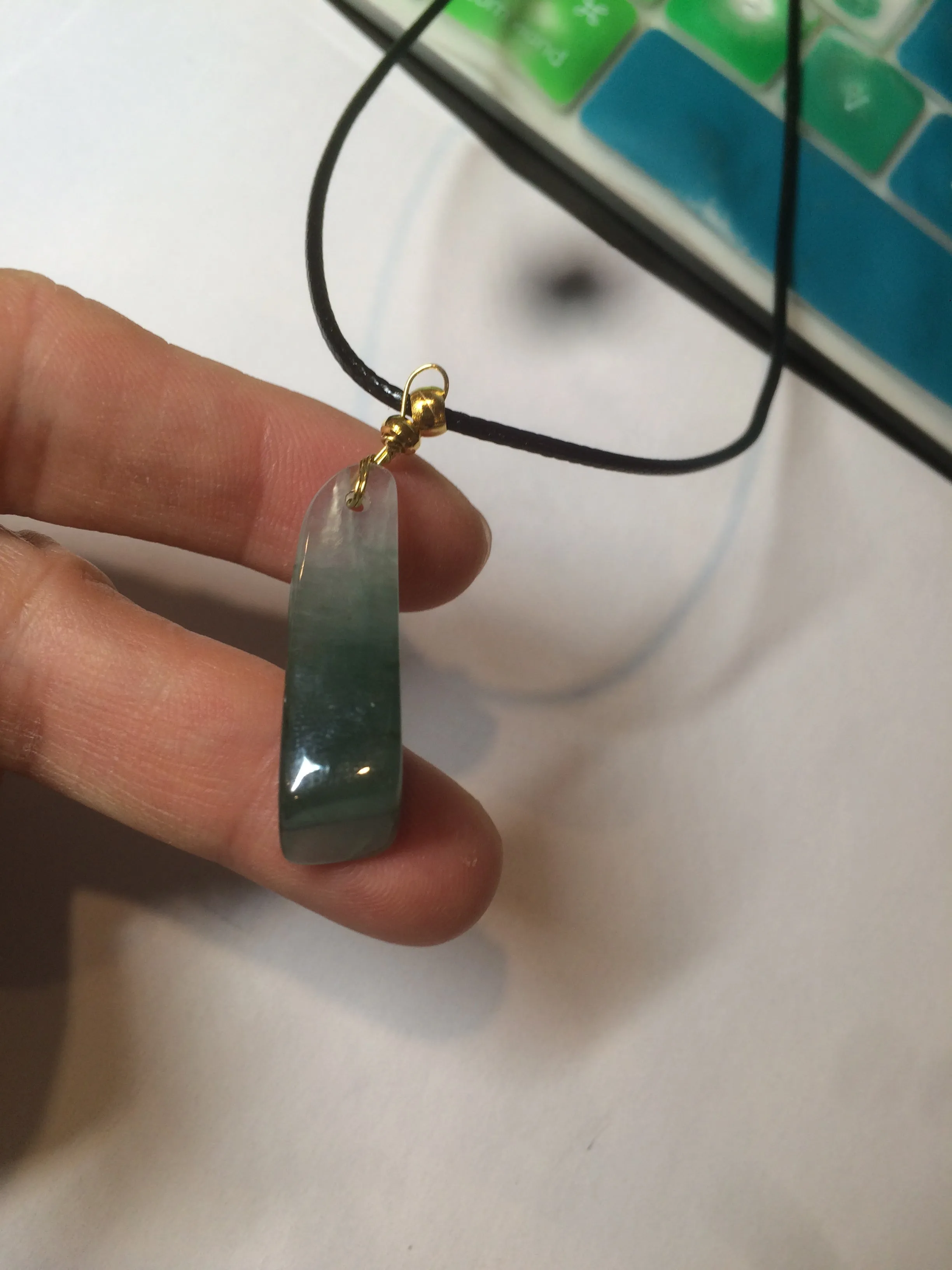 100% Natural icy watery dark green triangular prism jadeite Jade pendant necklace S43