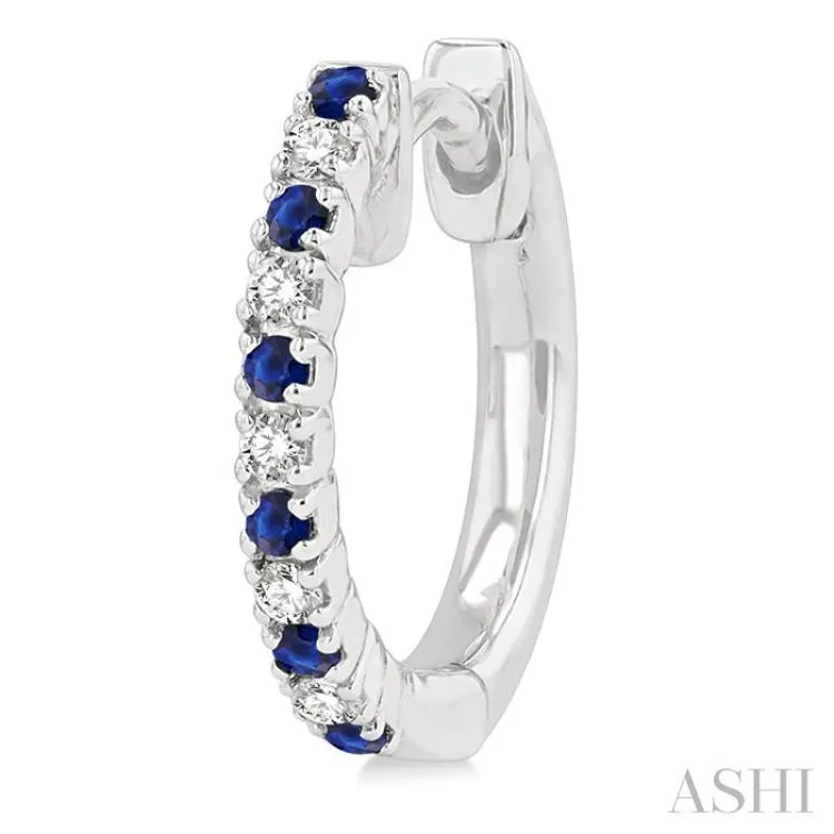 1/10 ctw Petite 1.35MM Sapphire and Round Cut Diamond Precious Fashion Huggies in 10K White Gold