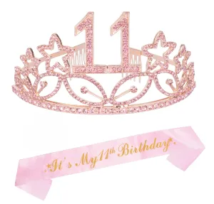 11th Birthday Gifts for Girl, 11th Birthday Tiara and Sash Pink, Happy 11th Birthday Party