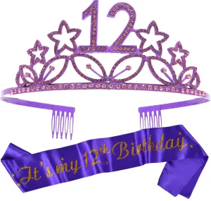 12th Birthday Gifts for Girl, 12th Birthday Tiara and Sash Purple, Happy 12th Birthday