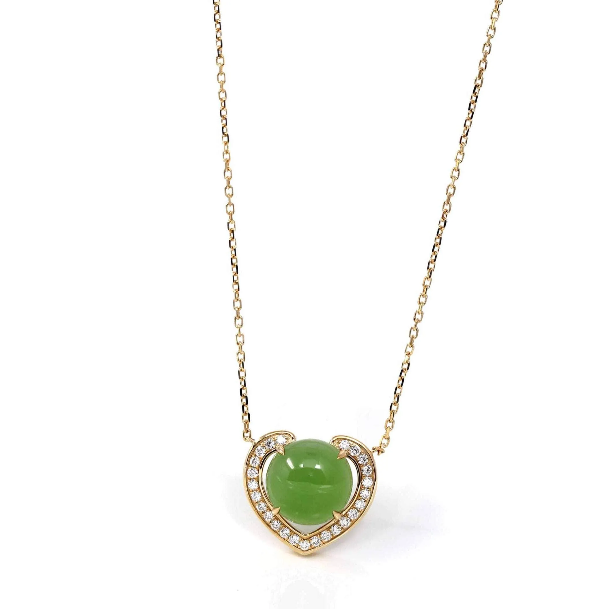 14K Gold Genuine Green Apple Green Jade Love Pendant Necklace With VS1 Diamond