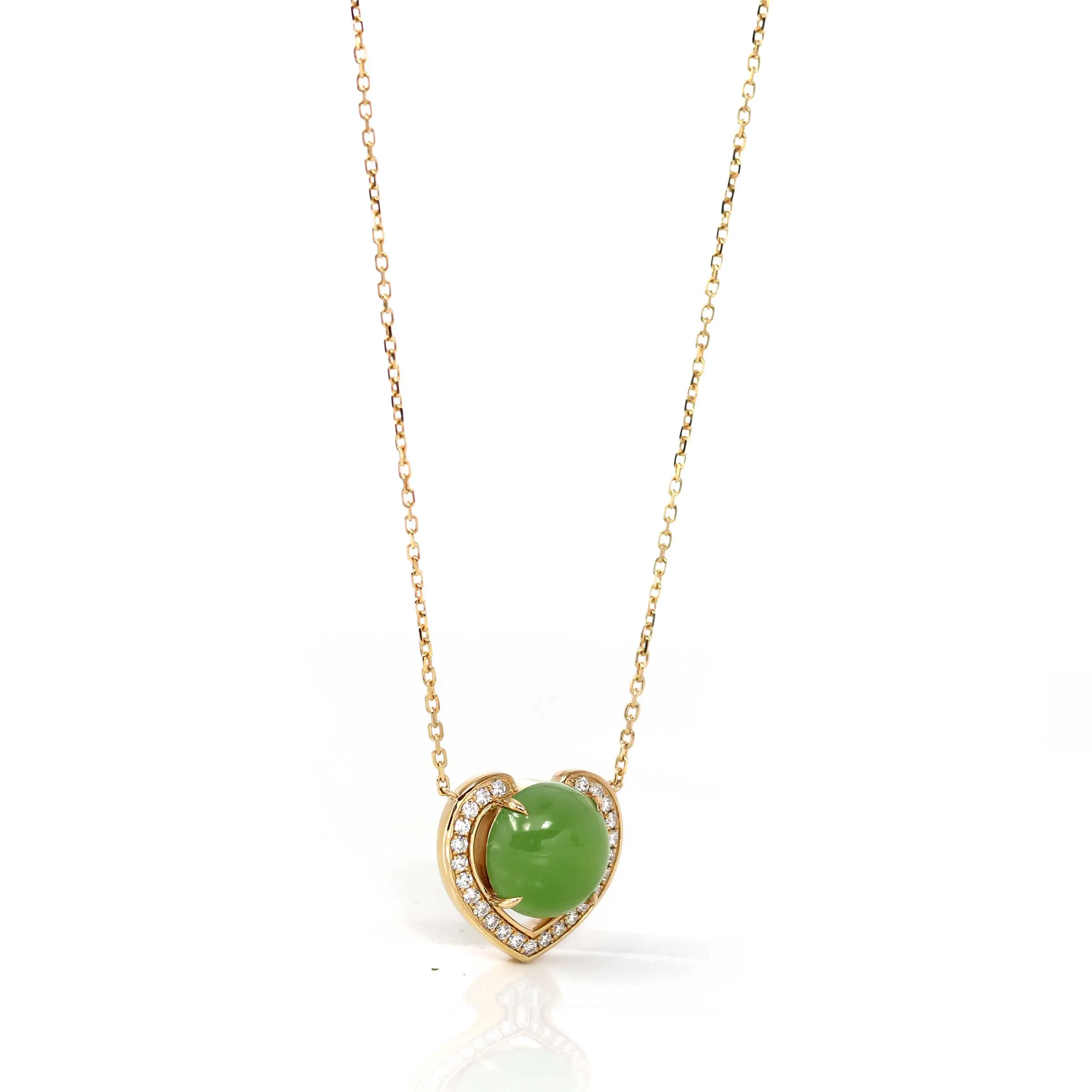 14K Gold Genuine Green Apple Green Jade Love Pendant Necklace With VS1 Diamond