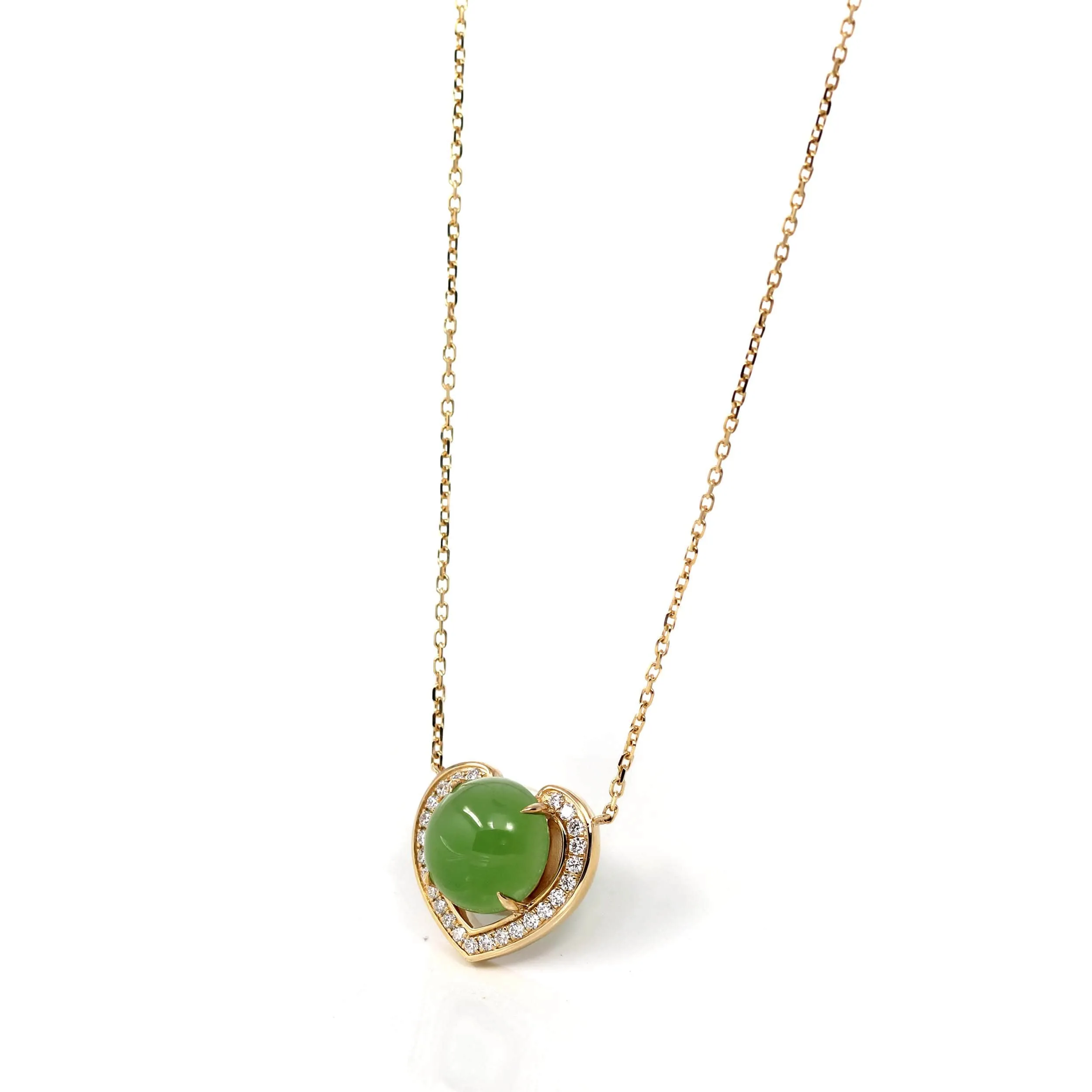 14K Gold Genuine Green Apple Green Jade Love Pendant Necklace With VS1 Diamond