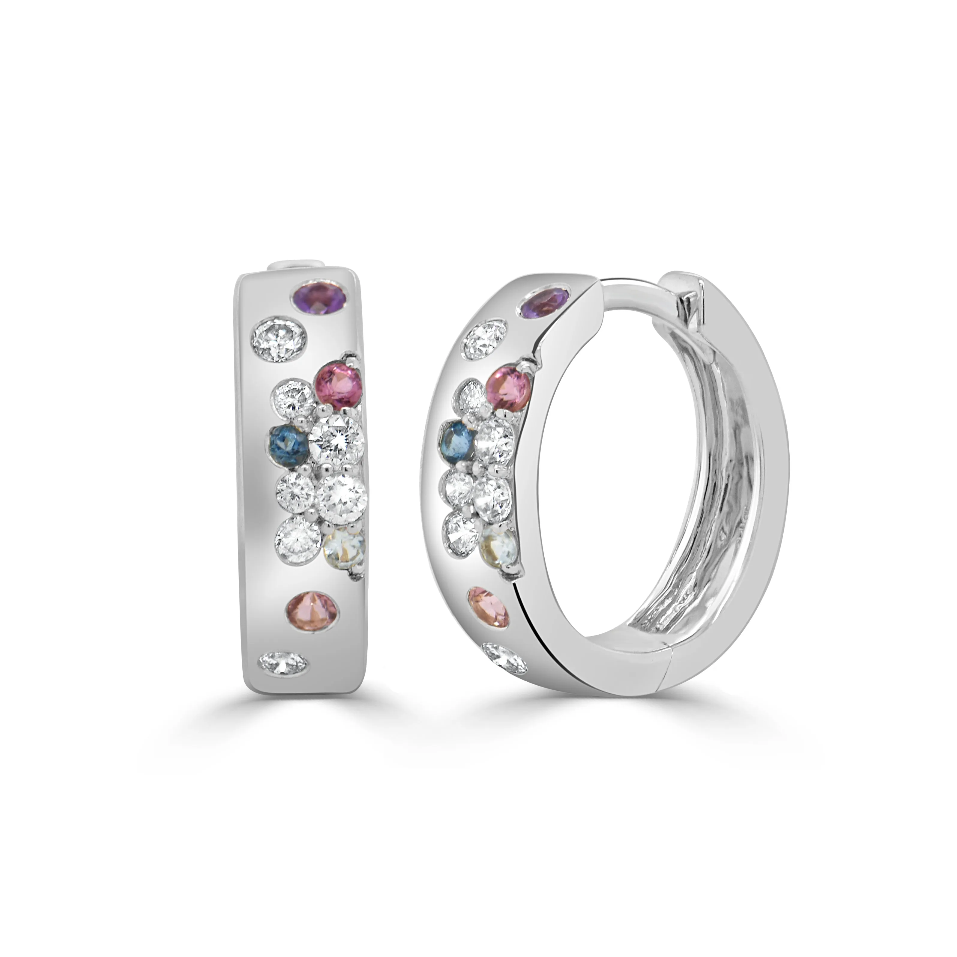 14K Gold Multi Sapphire & Diamond Hoop Earrings