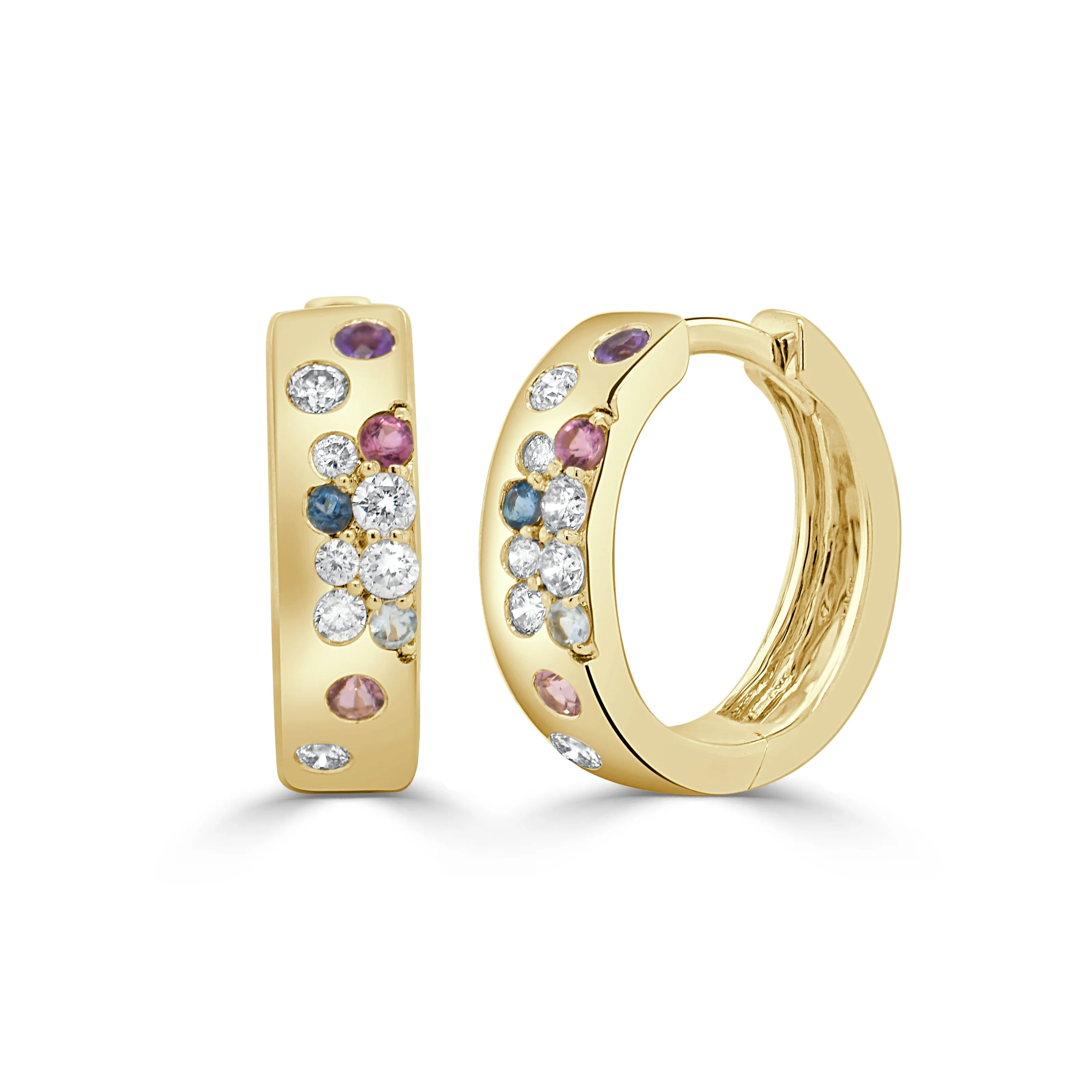 14K Gold Multi Sapphire & Diamond Hoop Earrings