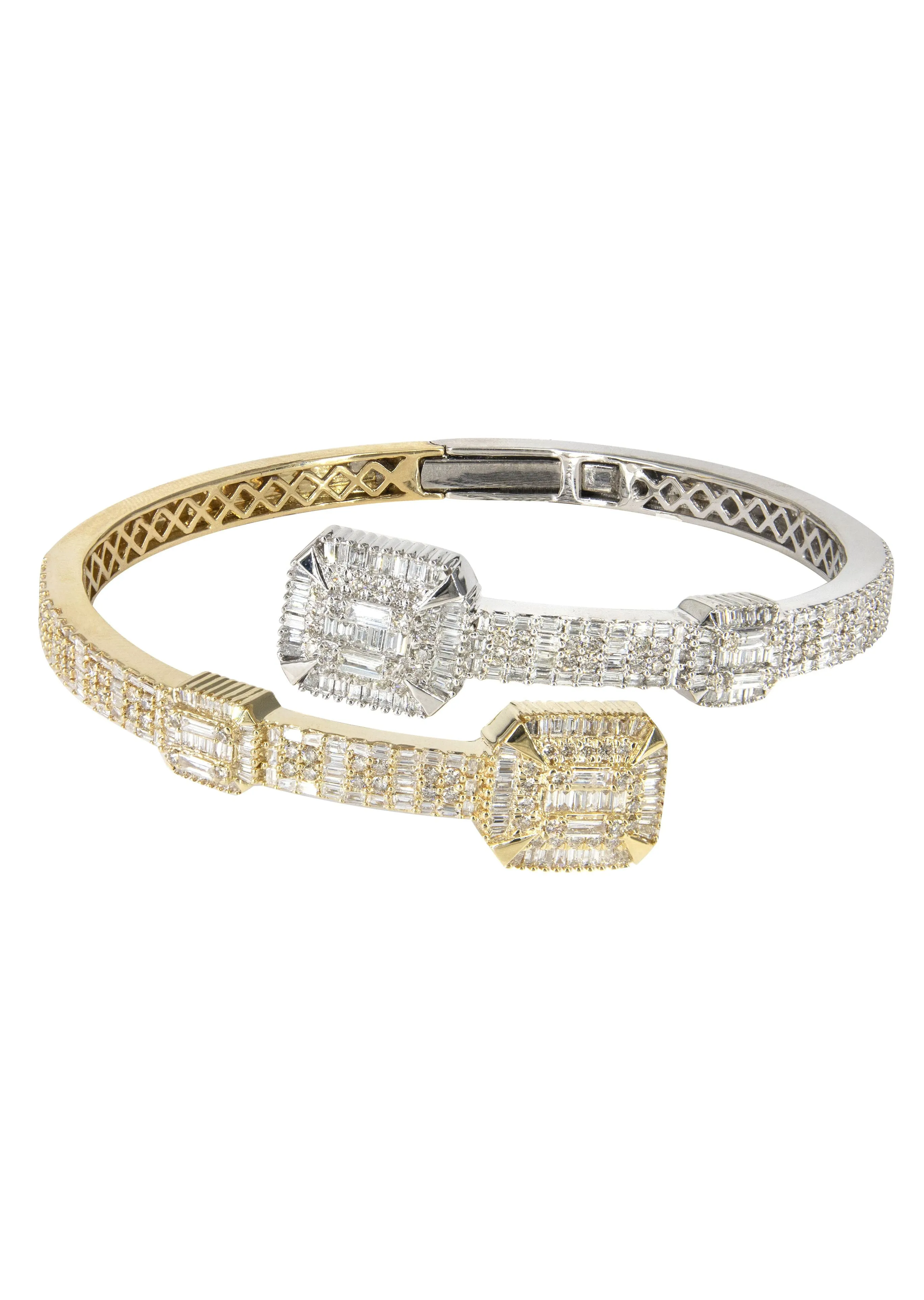 14K Two Tone Diamond Baguette Bangle Bracelet | 29.66 Grams | 4.45 Carats