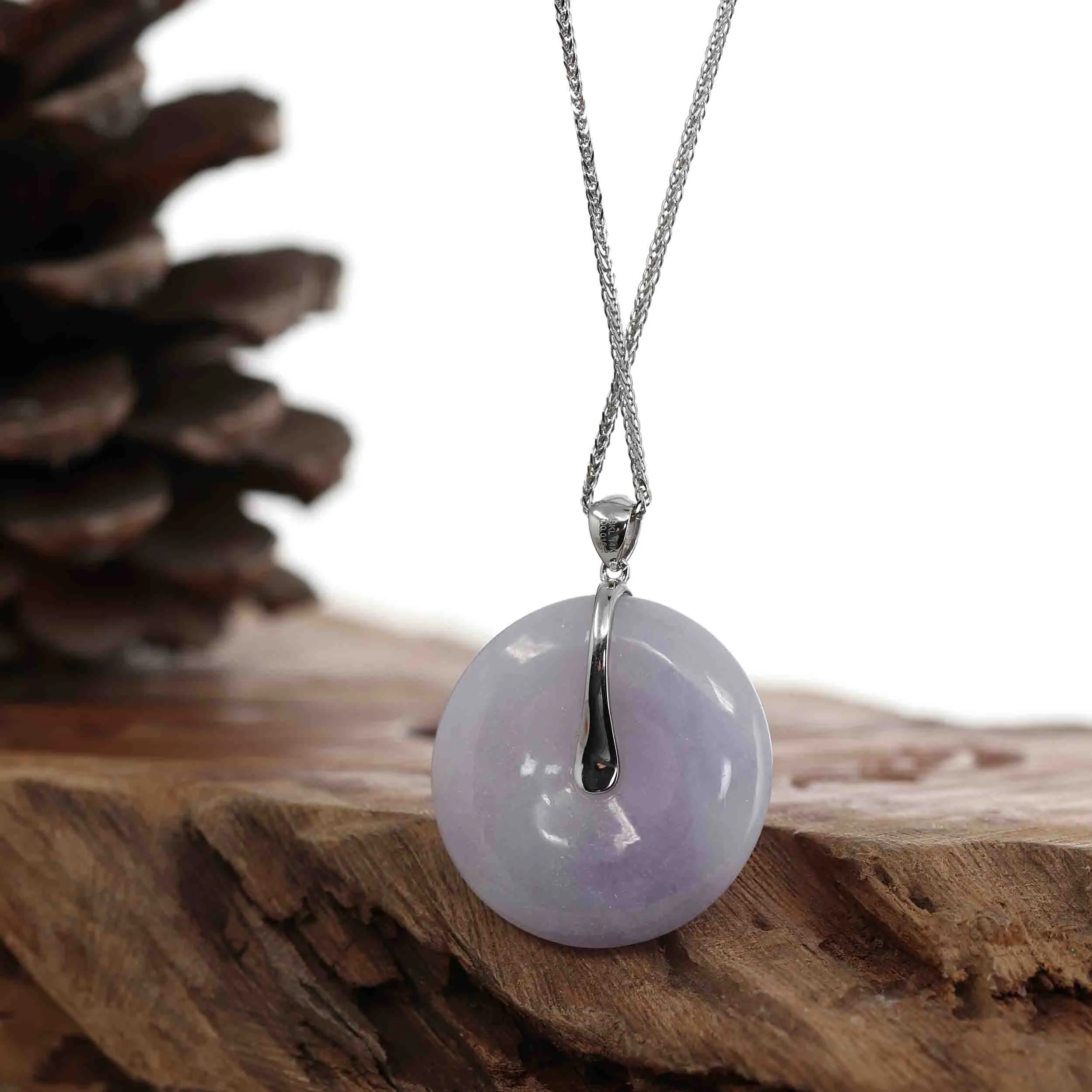 14k White Gold "Good Luck Button" Necklace Lavender Jadeite Jade Lucky KouKou Pendant Necklace with Diamond VS1 Bail