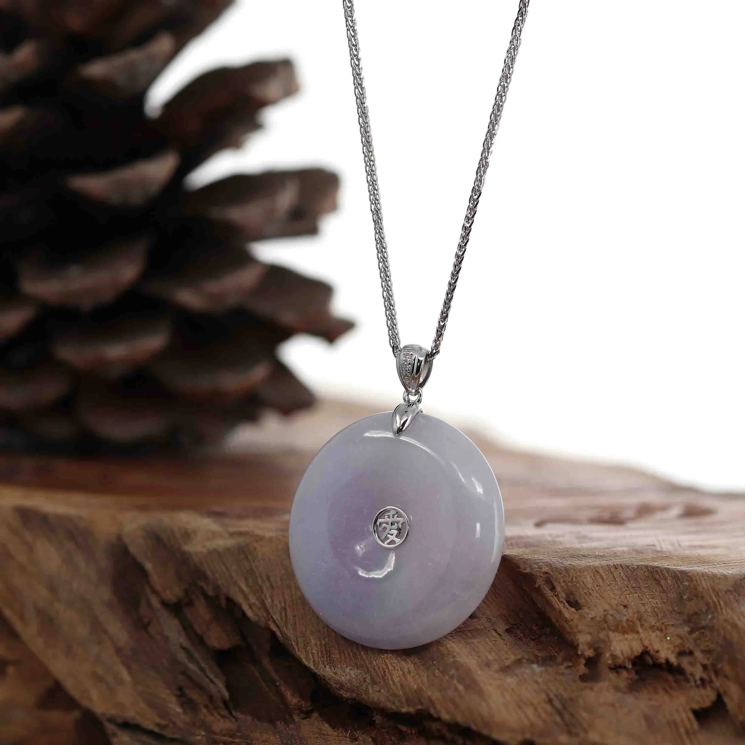 14k White Gold "Good Luck Button" Necklace Lavender Jadeite Jade Lucky KouKou Pendant Necklace with Diamond VS1 Bail