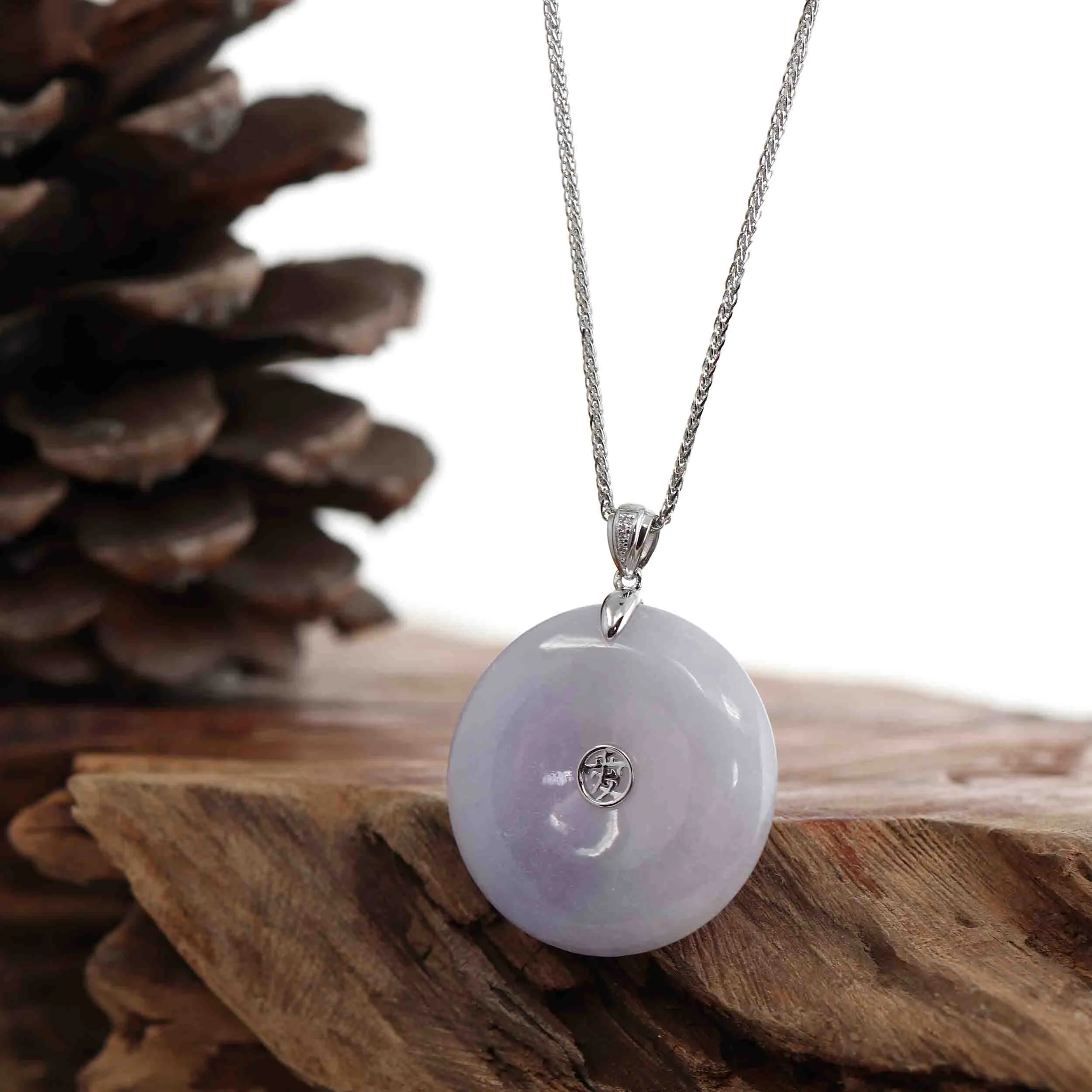 14k White Gold "Good Luck Button" Necklace Lavender Jadeite Jade Lucky KouKou Pendant Necklace with Diamond VS1 Bail