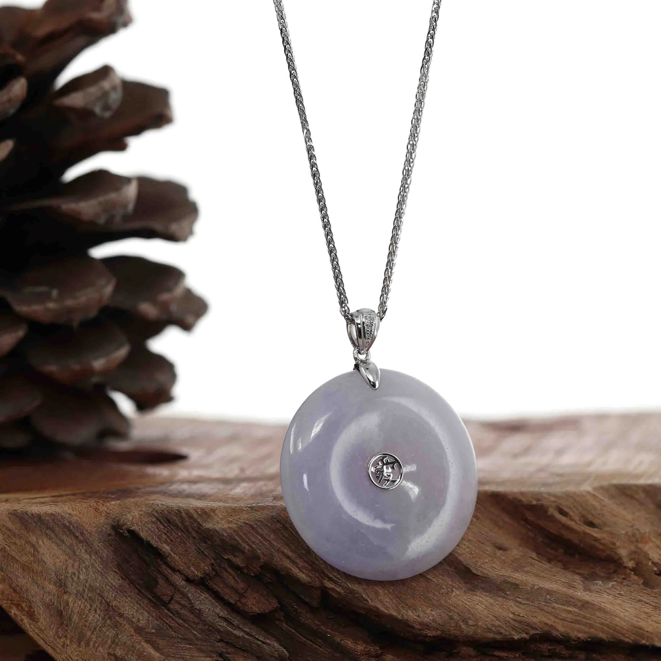 14k White Gold "Good Luck Button" Necklace Lavender Jadeite Jade Lucky KouKou Pendant Necklace with Diamond VS1 Bail