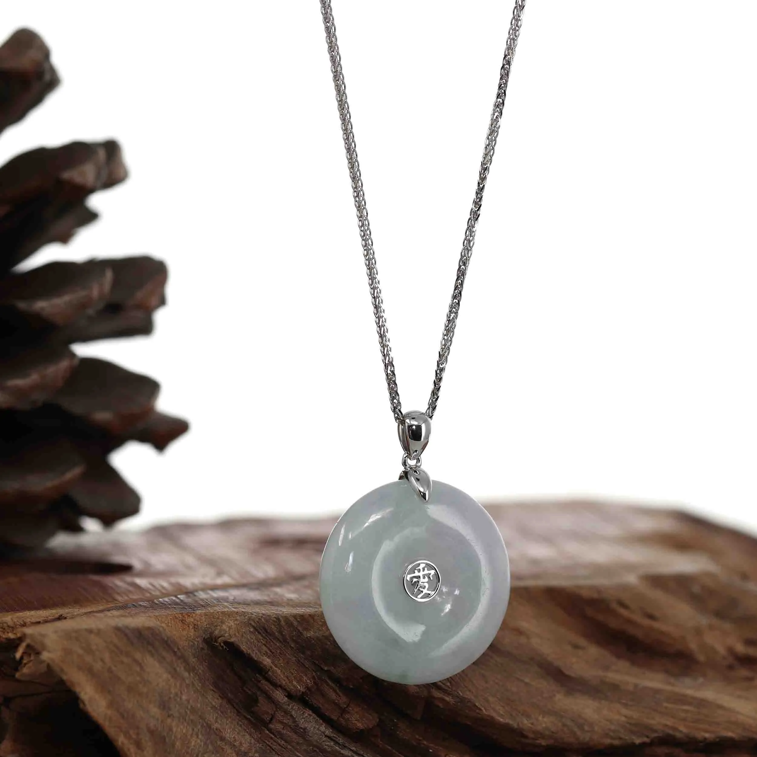 14k White Gold "Good Luck Button" Necklace Lavender Jadeite Jade Lucky KouKou Pendant Necklace