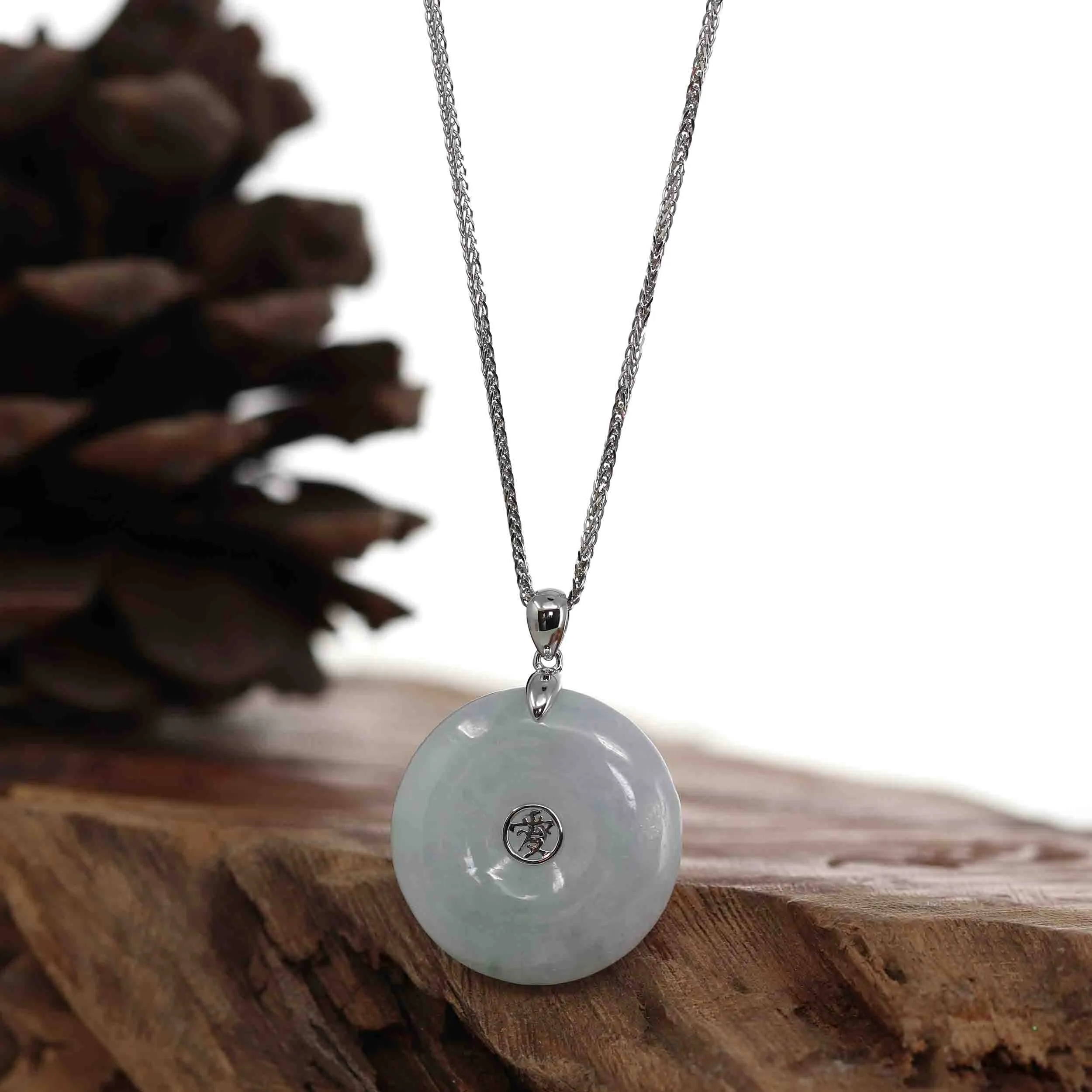 14k White Gold "Good Luck Button" Necklace Lavender Jadeite Jade Lucky KouKou Pendant Necklace