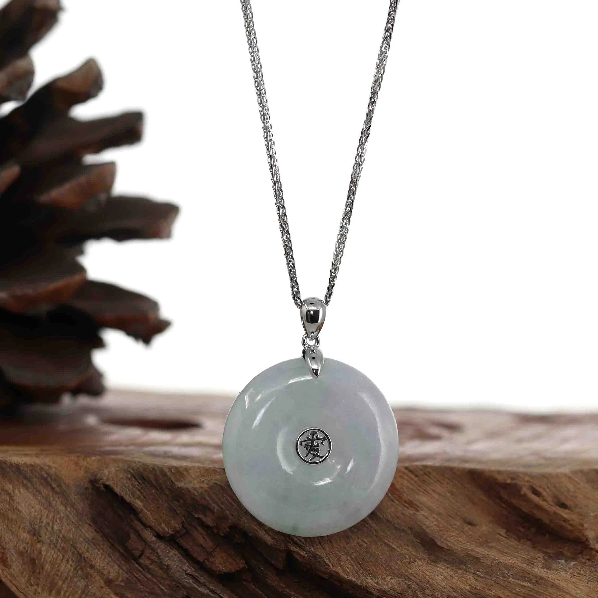 14k White Gold "Good Luck Button" Necklace Lavender Jadeite Jade Lucky KouKou Pendant Necklace