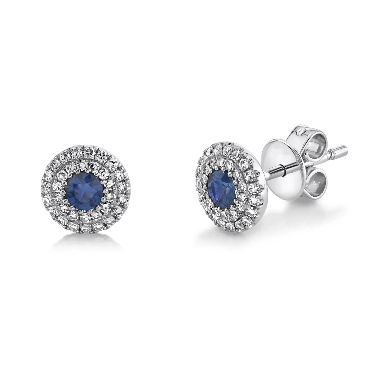 14K White Gold Round Sapphire Stud Earrings with Diamond Halo