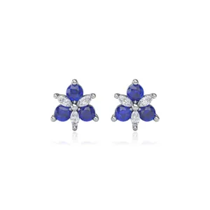 14K WHITE GOLD SAPPHIRE DIAMOND CLUSTER STUD EARRINGS