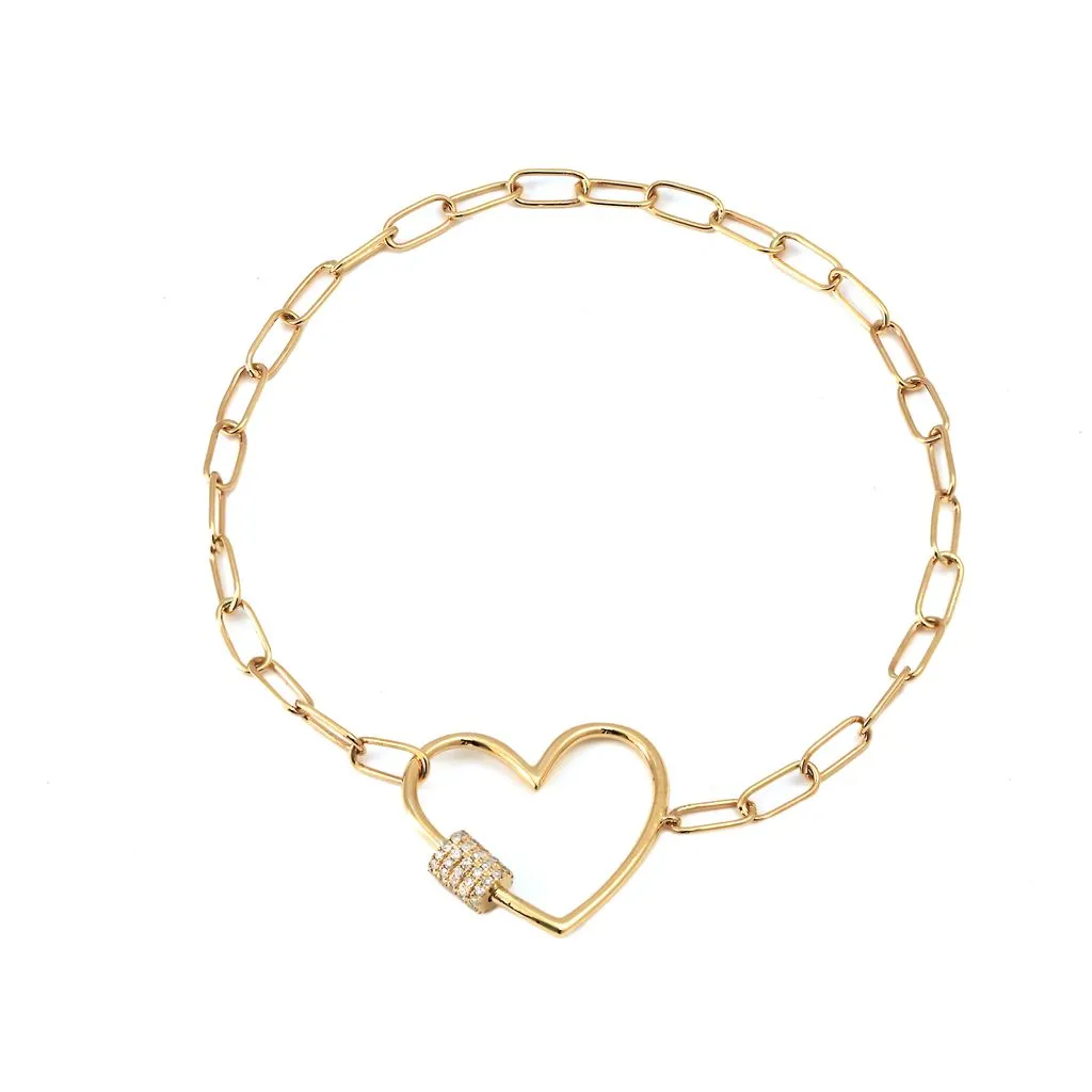 14k Yellow Diamond Heart Charm Paperclip Bracelet