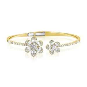 14K Yellow Gold Baguette Double Flower Hinged Cuff Bracelet