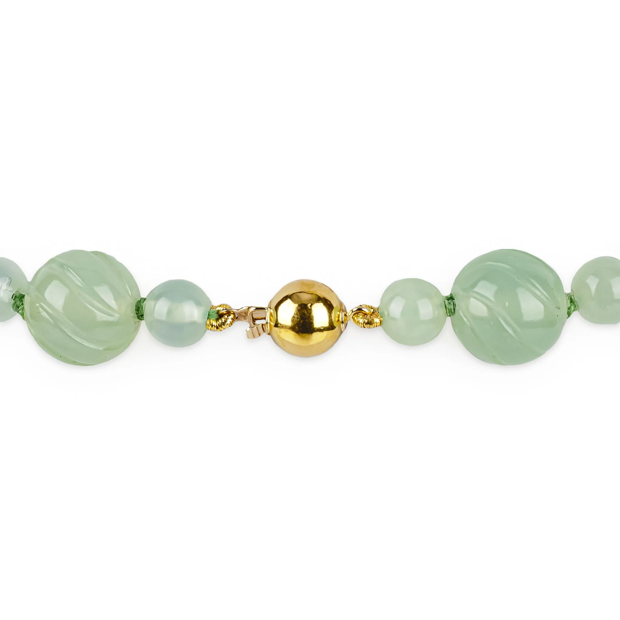 14K Yellow Gold Clasp Carved Celadon Jade Bead Necklace