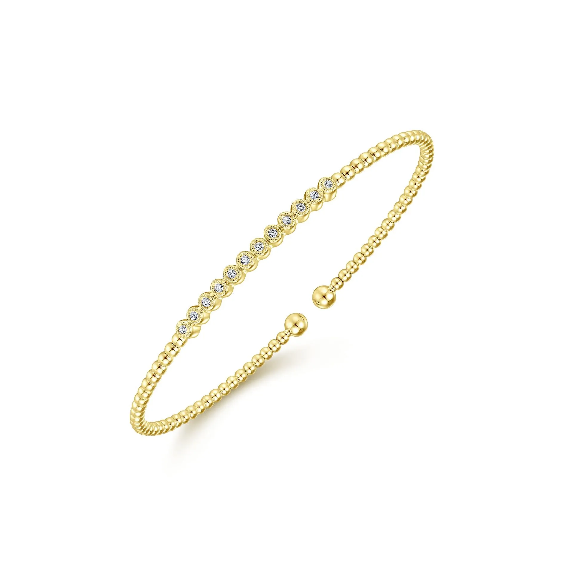 14K Yellow Gold Diamond Bezeled Top Bead Cuff