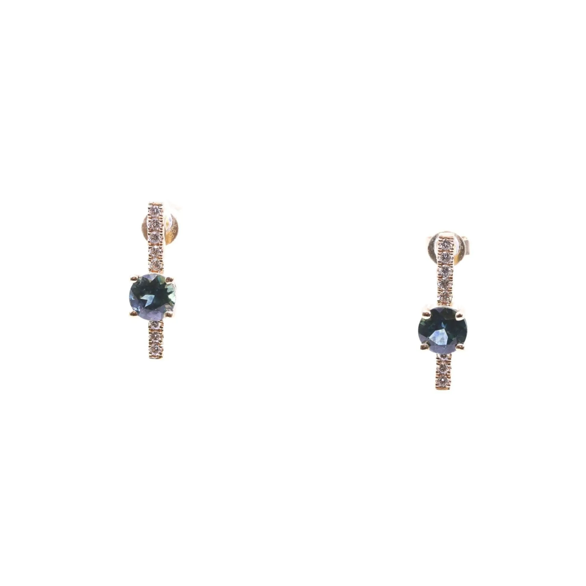 14K YELLOW GOLD MONTANA SAPPHIRE AND DIAMOND BAR STUD EARRINGS