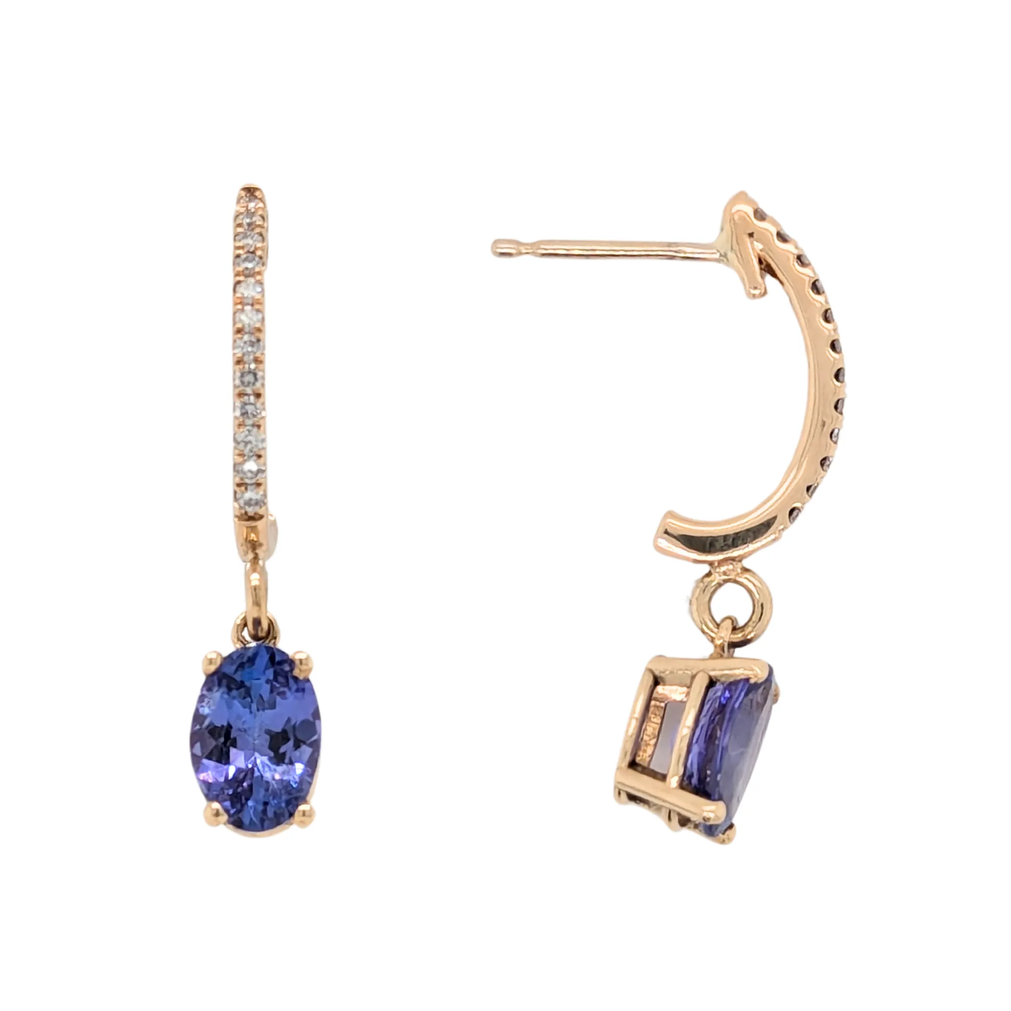 14K Yellow Gold Oval Tanzanite Drop Earrings with Diamonds