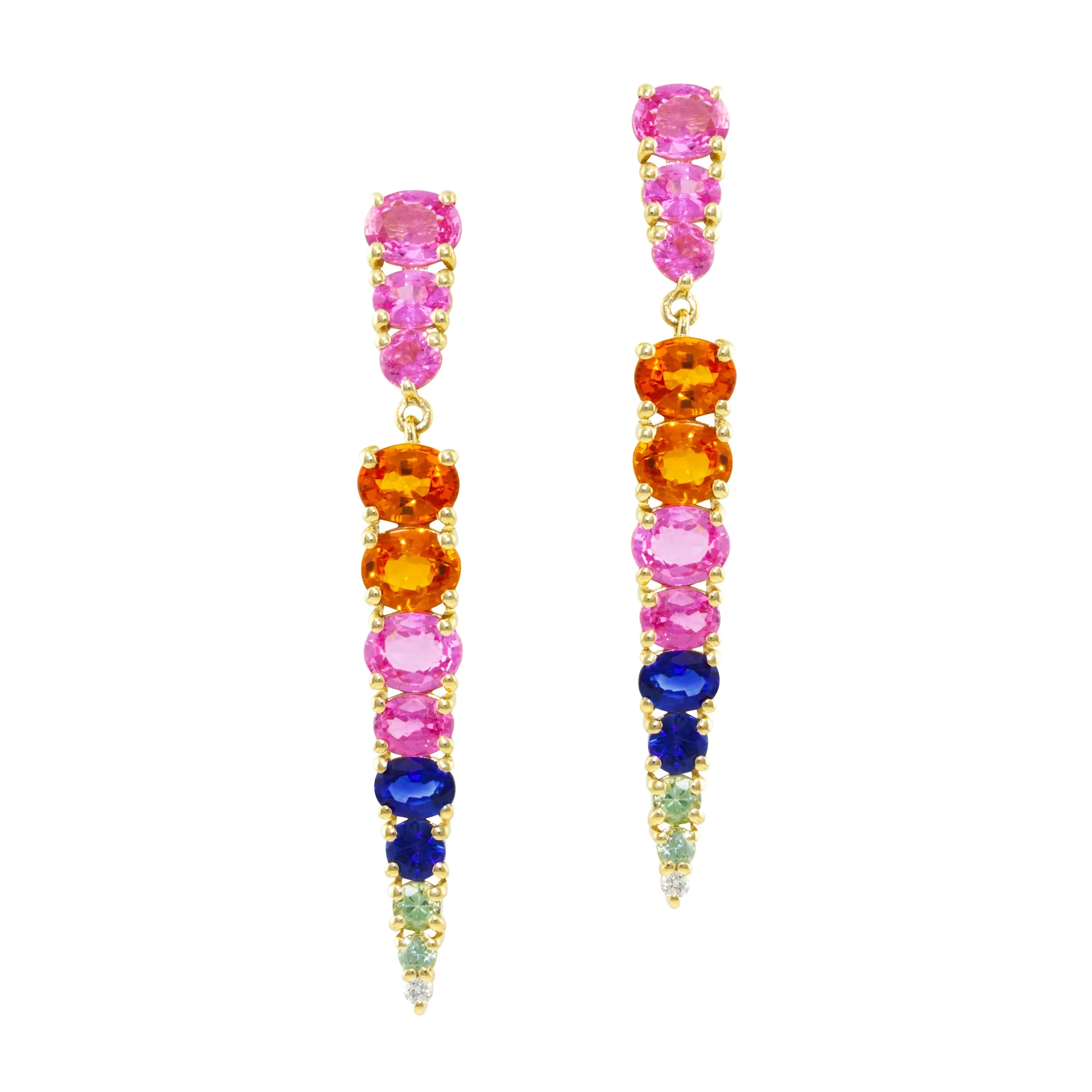 14K Yellow Multi-Colored Sapphire and Natural Diamond Dangle Earrings