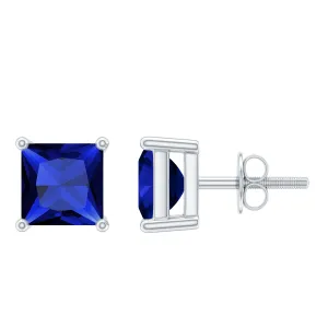 1.50 CT Princess Cut Created Blue Sapphire Solitaire Stud Earrings