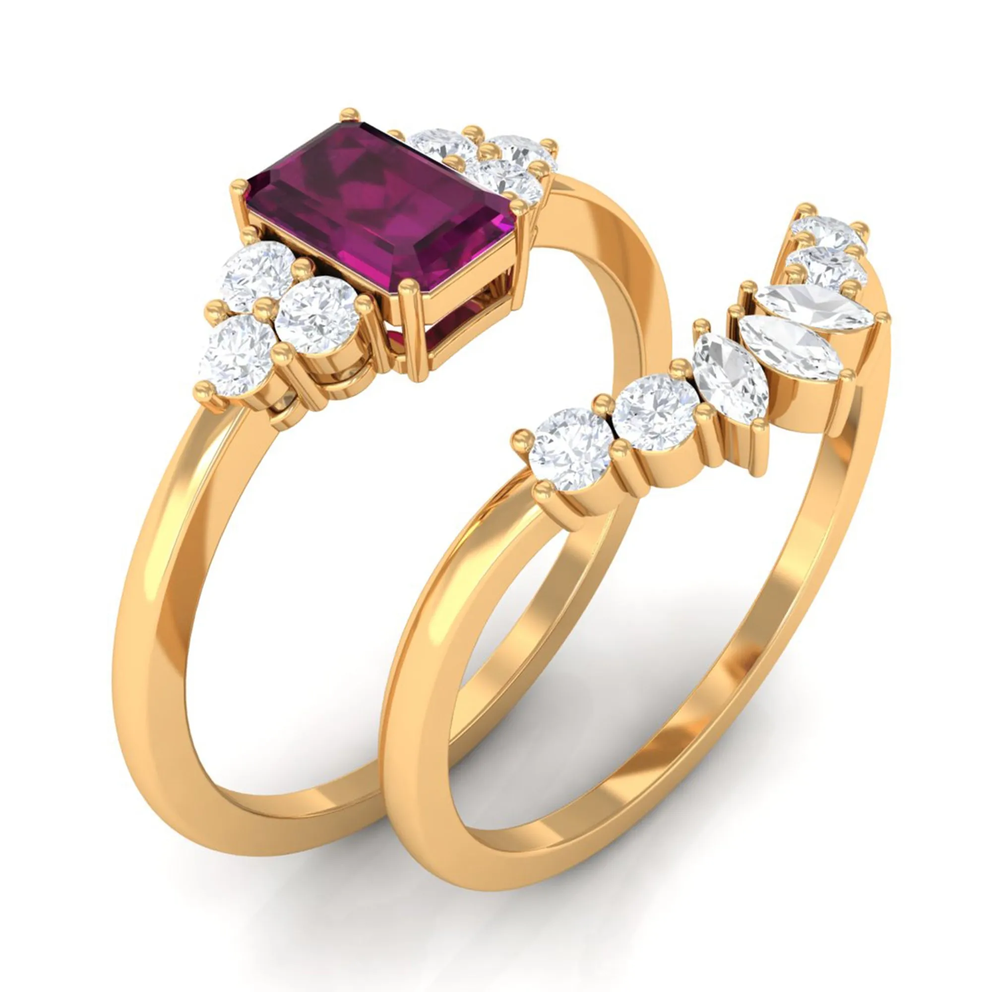 1.50 CT Solitaire Rhodolite and Diamond Wedding Ring Set