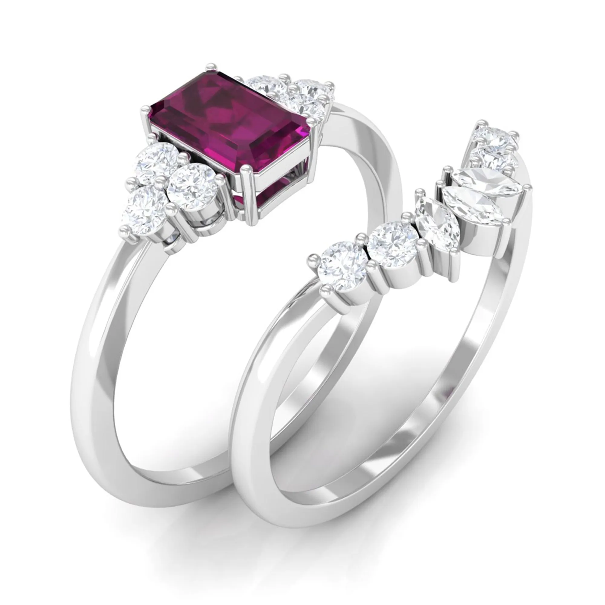 1.50 CT Solitaire Rhodolite and Diamond Wedding Ring Set