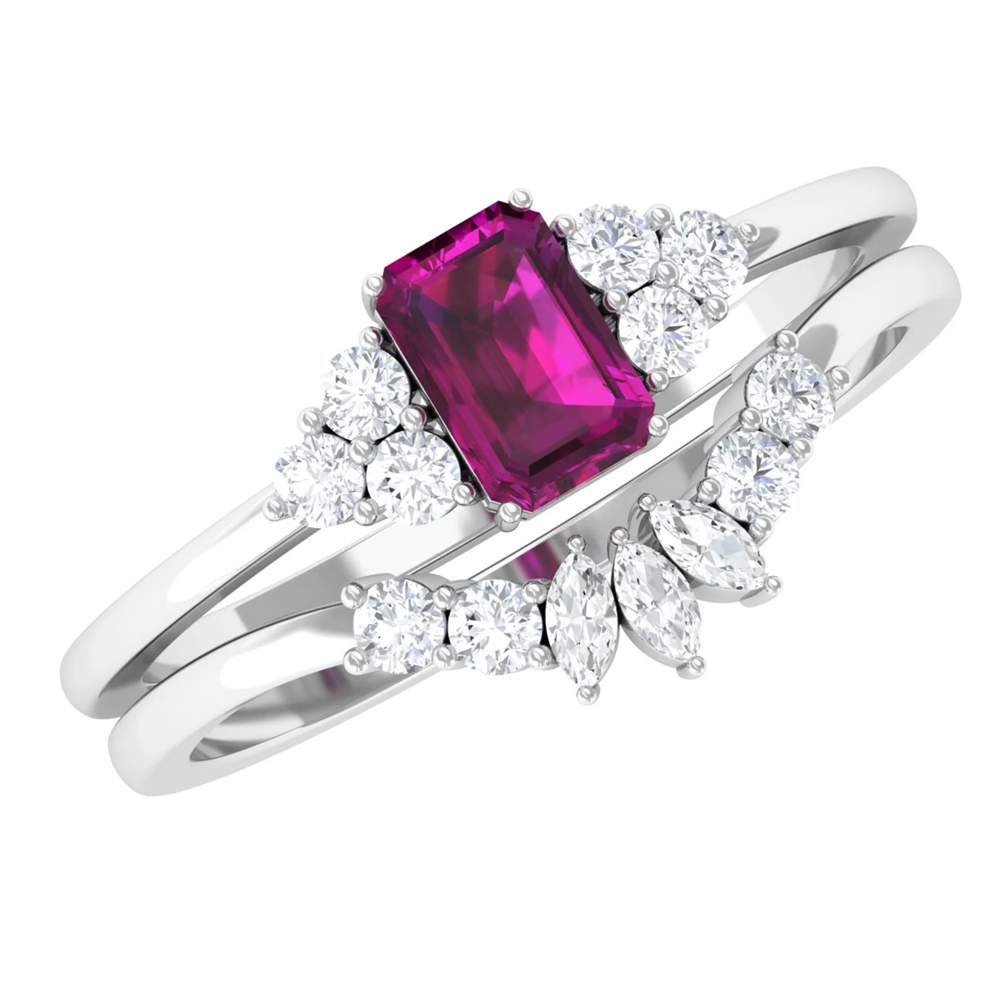 1.50 CT Solitaire Rhodolite and Diamond Wedding Ring Set