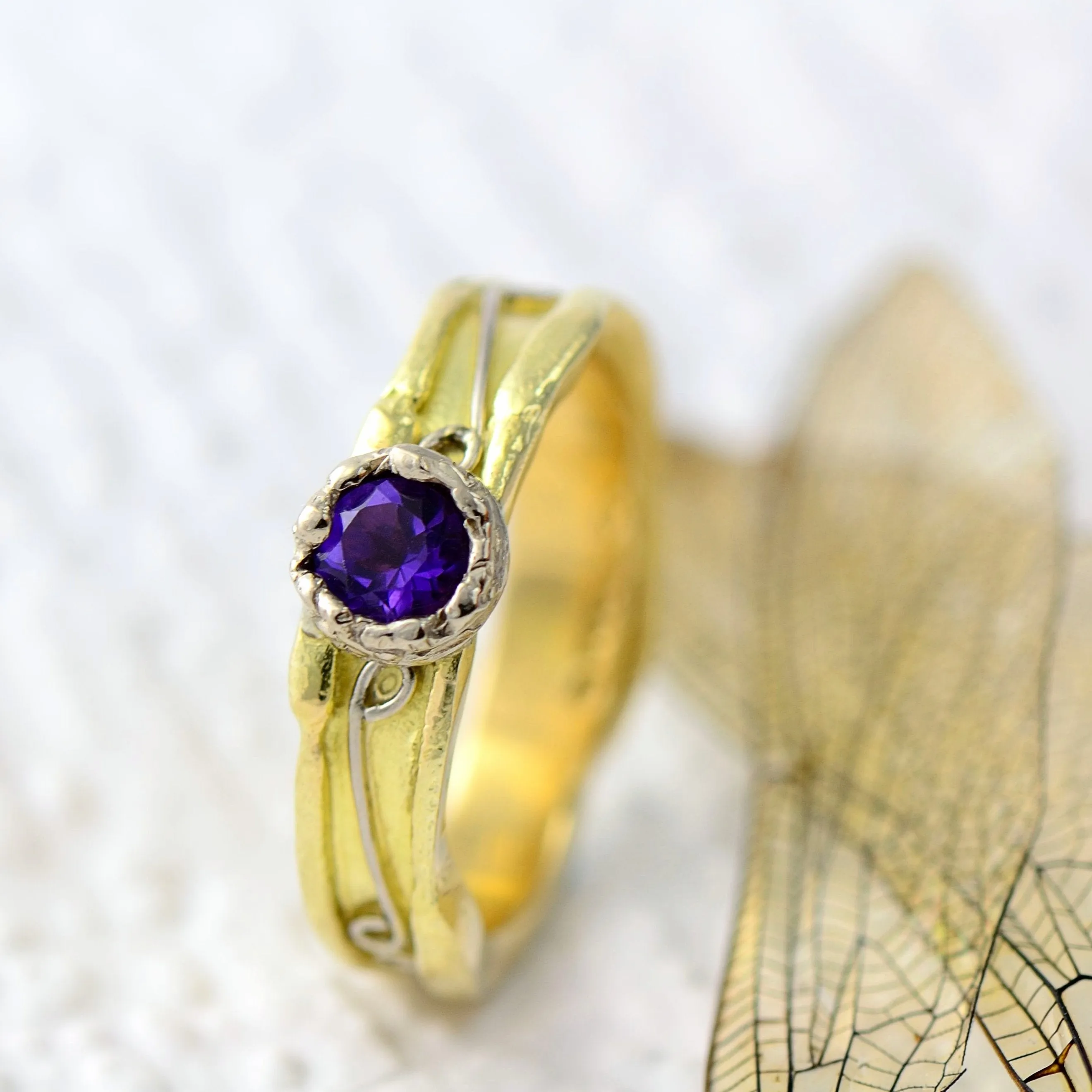 18 carat solid yellow and white gold amethyst  engagement ring - rustic solitaire ring