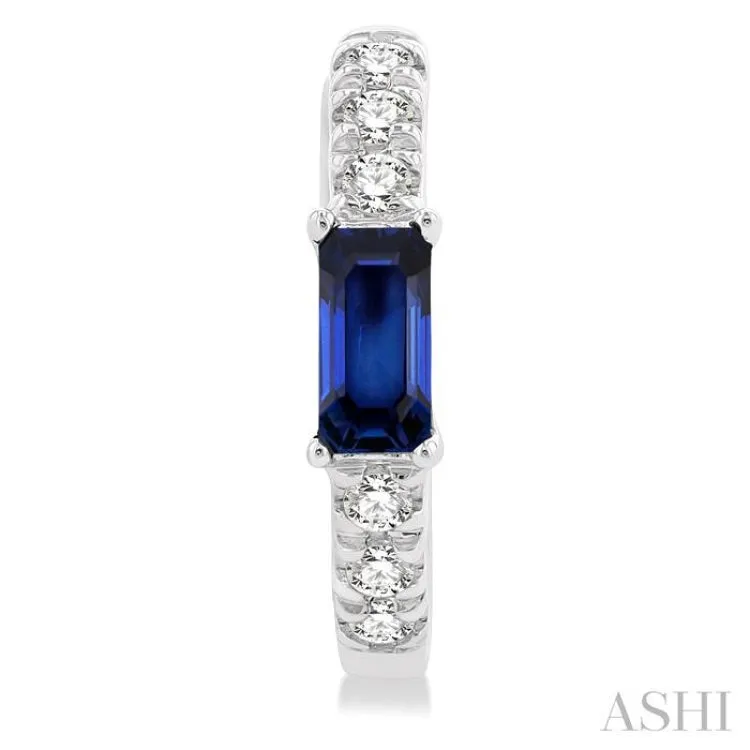 1/8 ctw Petite 4X2MM Sapphire and Round Cut Diamond Fashion Huggies in 10K White Gold