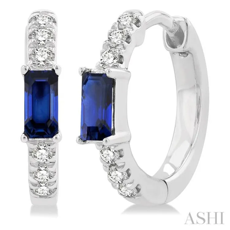 1/8 ctw Petite 4X2MM Sapphire and Round Cut Diamond Fashion Huggies in 10K White Gold